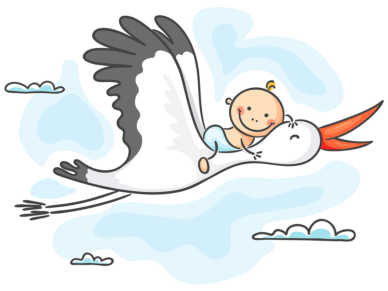 Baby fliegt auf Storch Zeichnung eines Babys, das auf einem Storch fliegt.